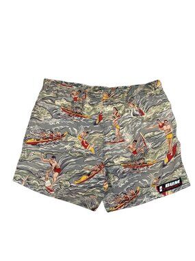 Vintage 90s B.U.M. Sport Surf Print Swim Trunks Shorts Mens Beach Wave Hawaiian